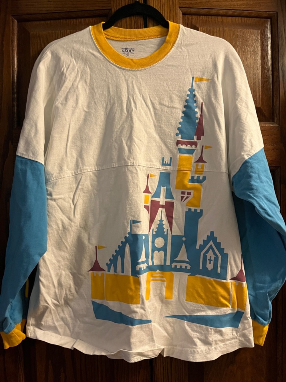 Disney White Castle Graphic Long-Sleeve Tee with Blue Sleeves and Yellow Trim